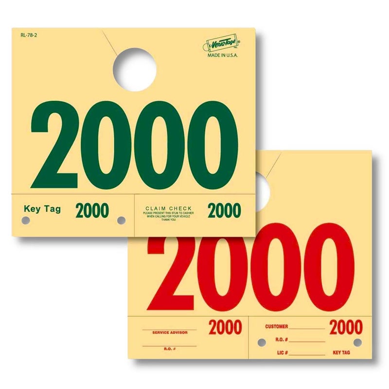 Versa-Tags 1000 Automotive Service Dispatch Numbers Mirror Hang Tags Numbered 2000-2999 RL78 Style Red Green Service Dispatch Numbers Manilla Card Stock with 1.25 Slotted Hang Cutout - Image 1